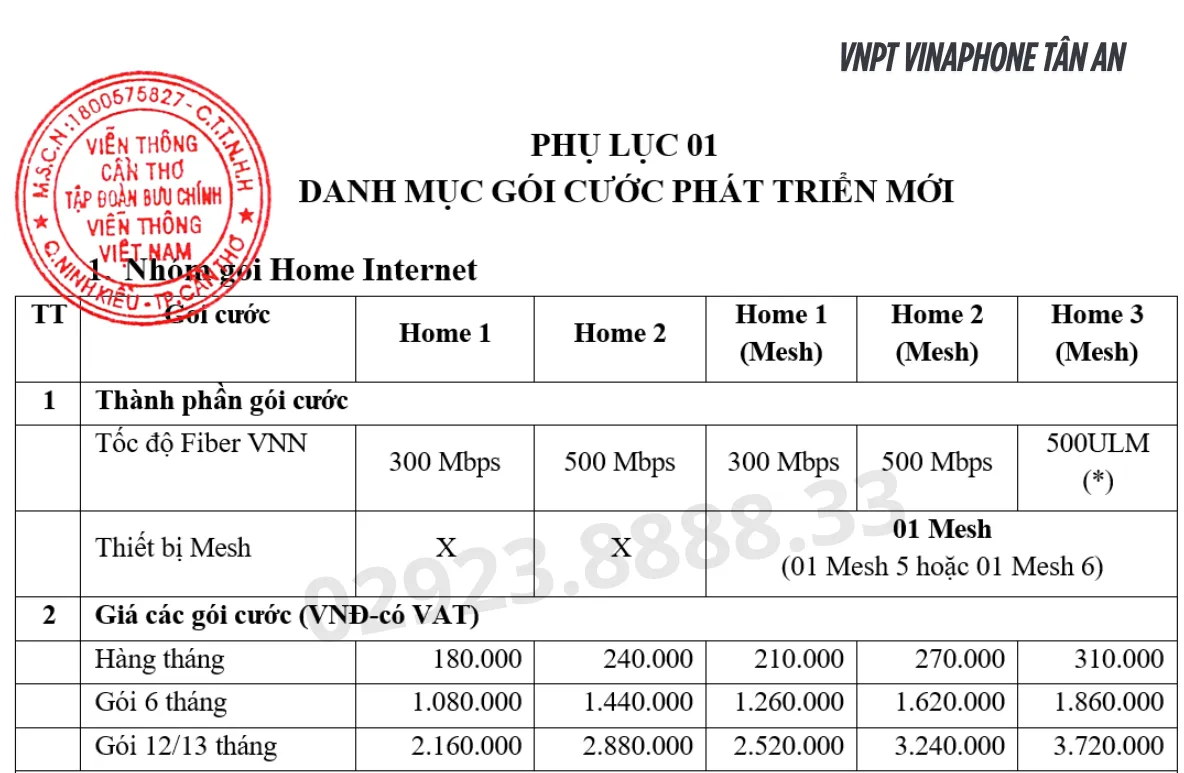 Bảng giá Internet VNPT Tân An Cần Thơ 2025